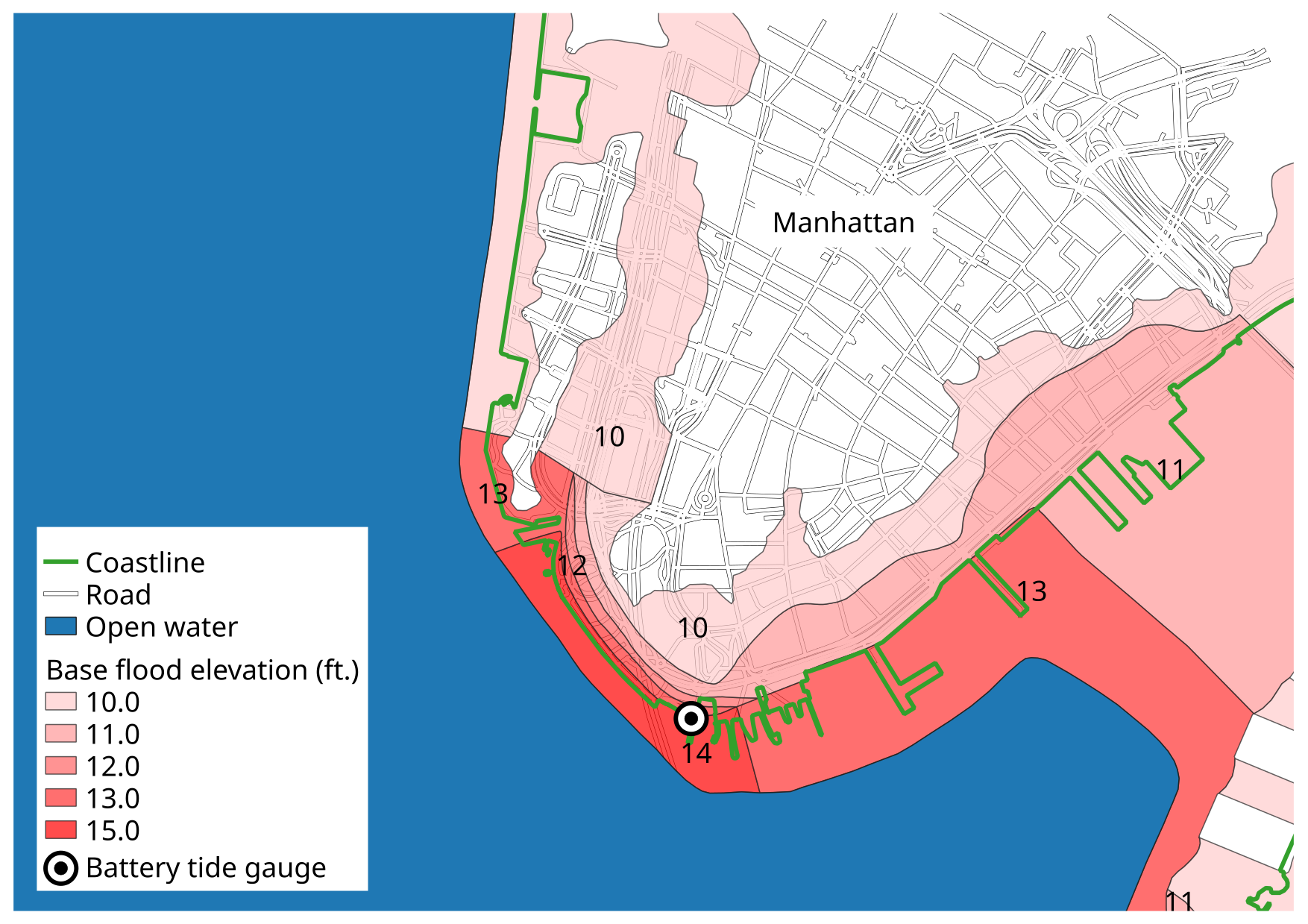 Map of Lower Manhattan showing static base flood elevation.