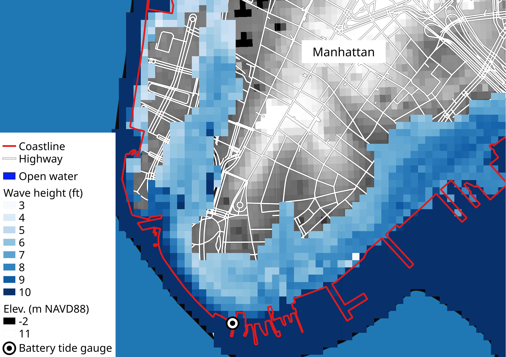 Map of Lower Manhattan showing base flood wave height above ground.