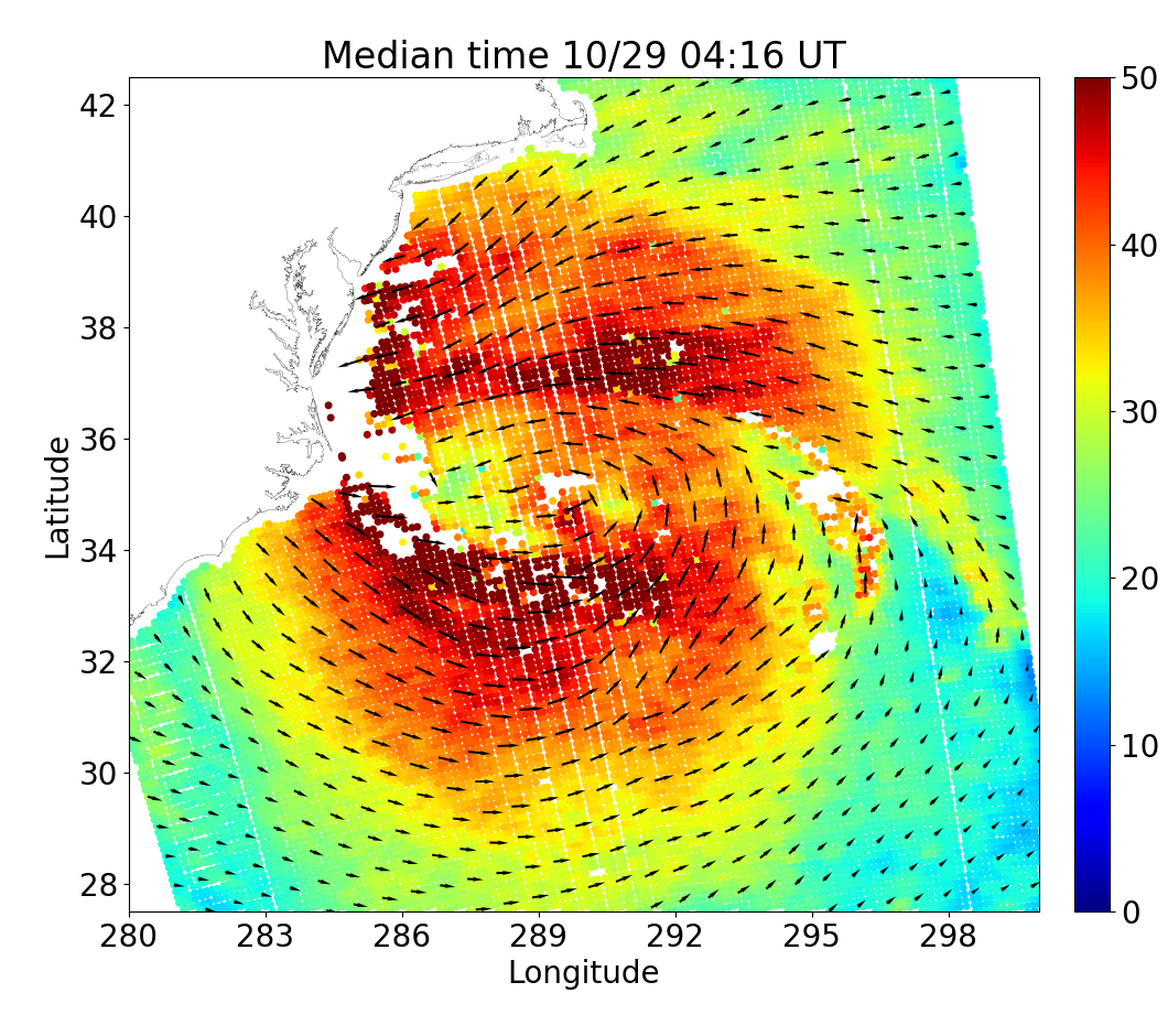 Surface wind measured with Oceansat-2 scatterometer.