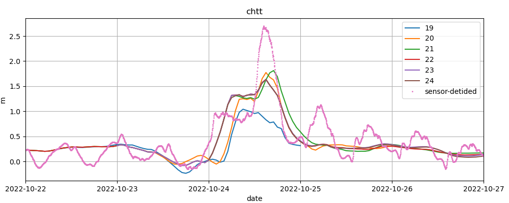 Tide gauge signal and model results.