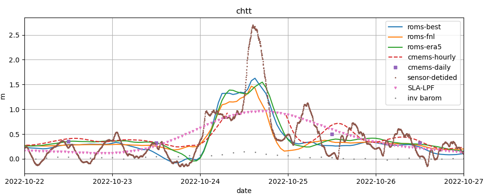 Tide gauge signal and model results.