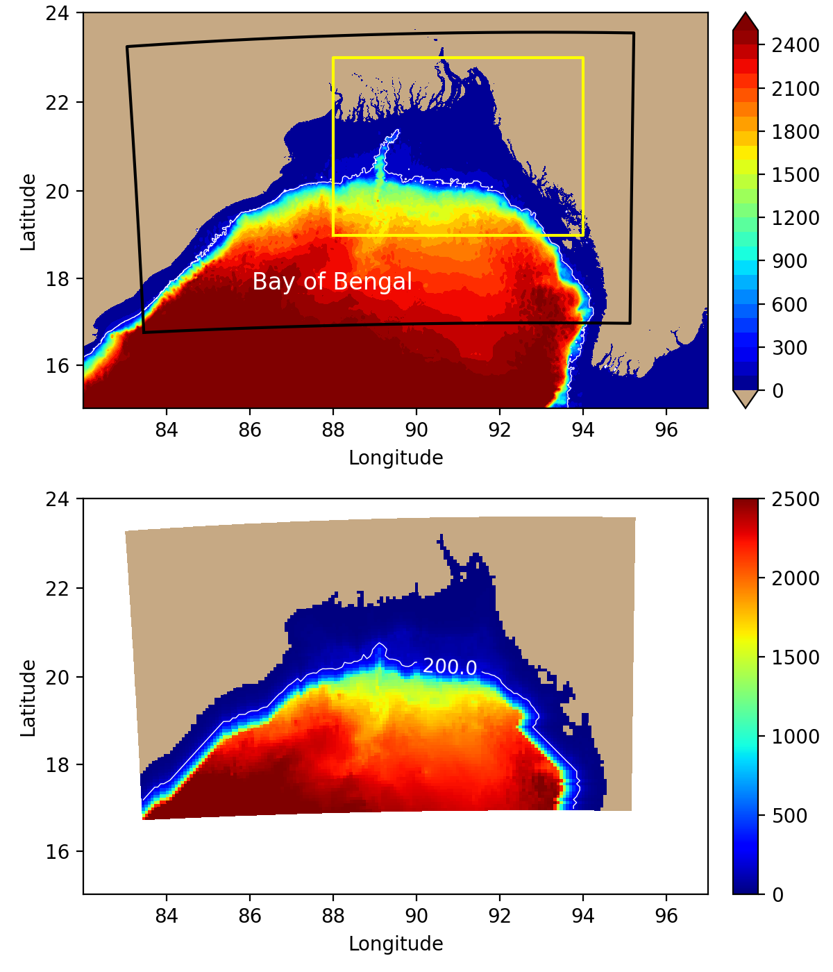 Map of the Bay of Bengal and the location of the model grid.