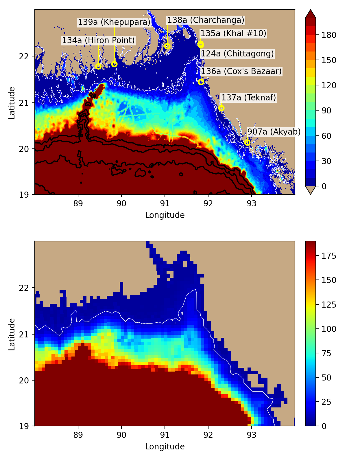 Map of the north-eastern Bay of Bengal and location of tide gauges.