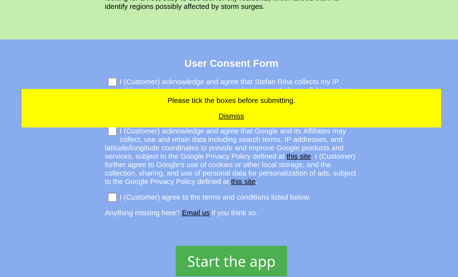 Alert that user has not ticked the boxes in the consent form.